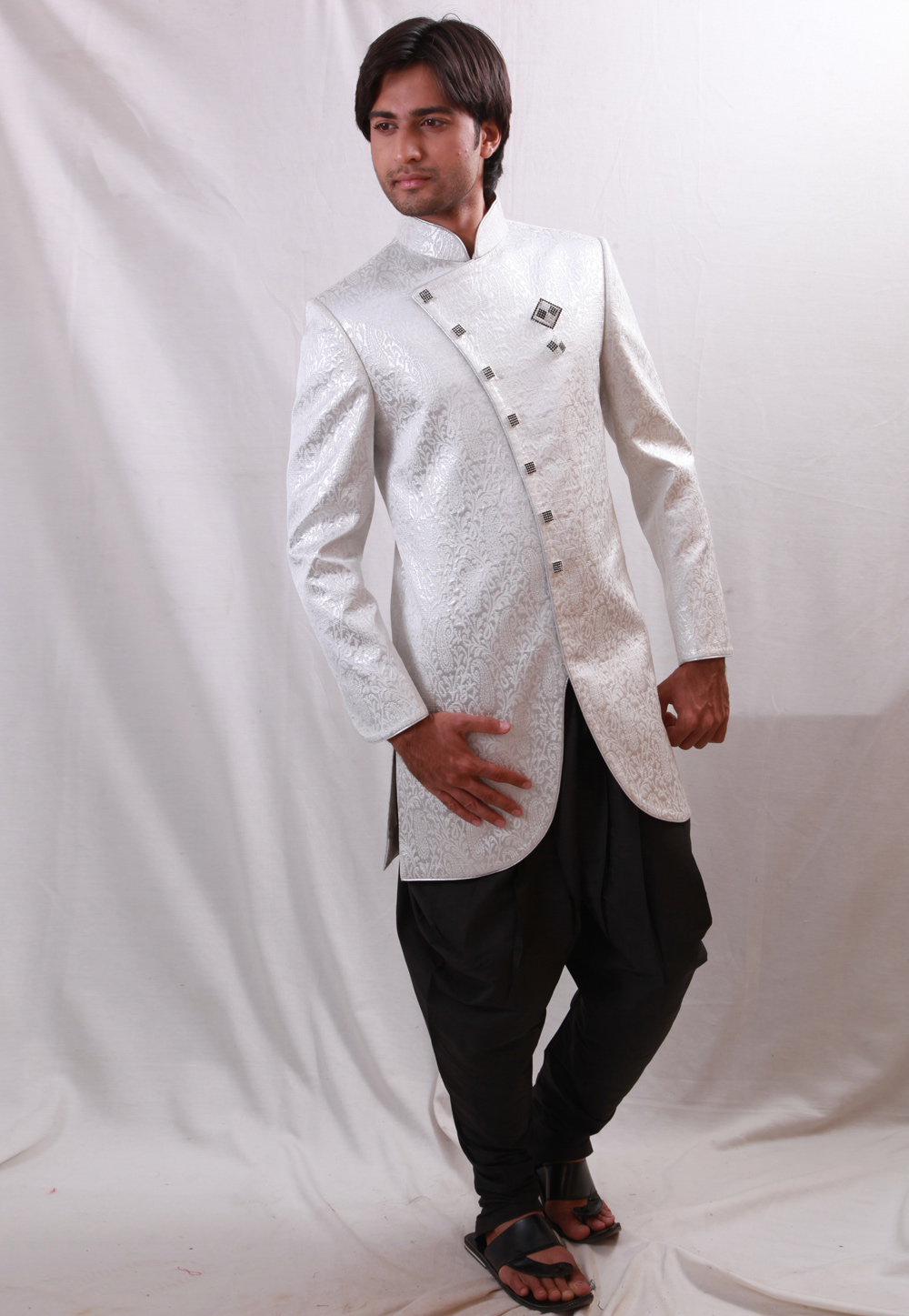 White Silk Readymade Indo Western Suit 204452