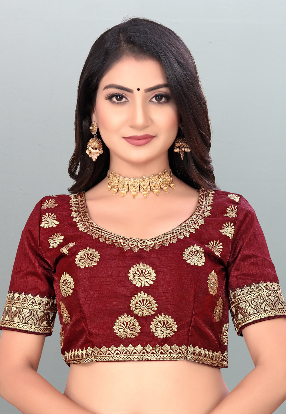 Maroon Dupion Silk Readymade Blouse 247397