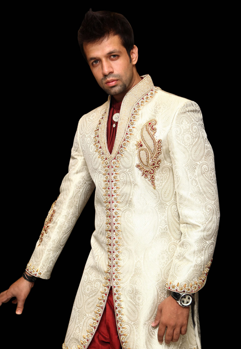 Off White Brocade Readymade Sherwani 204325