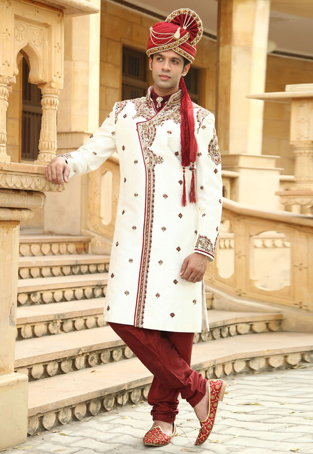 White Brocade Readymade Sherwani 204326