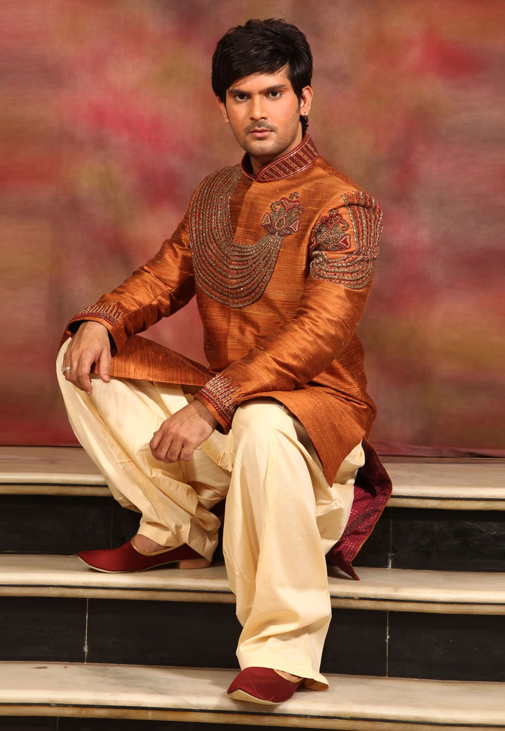 Mustard Raw Silk Readymade Sherwani 204327