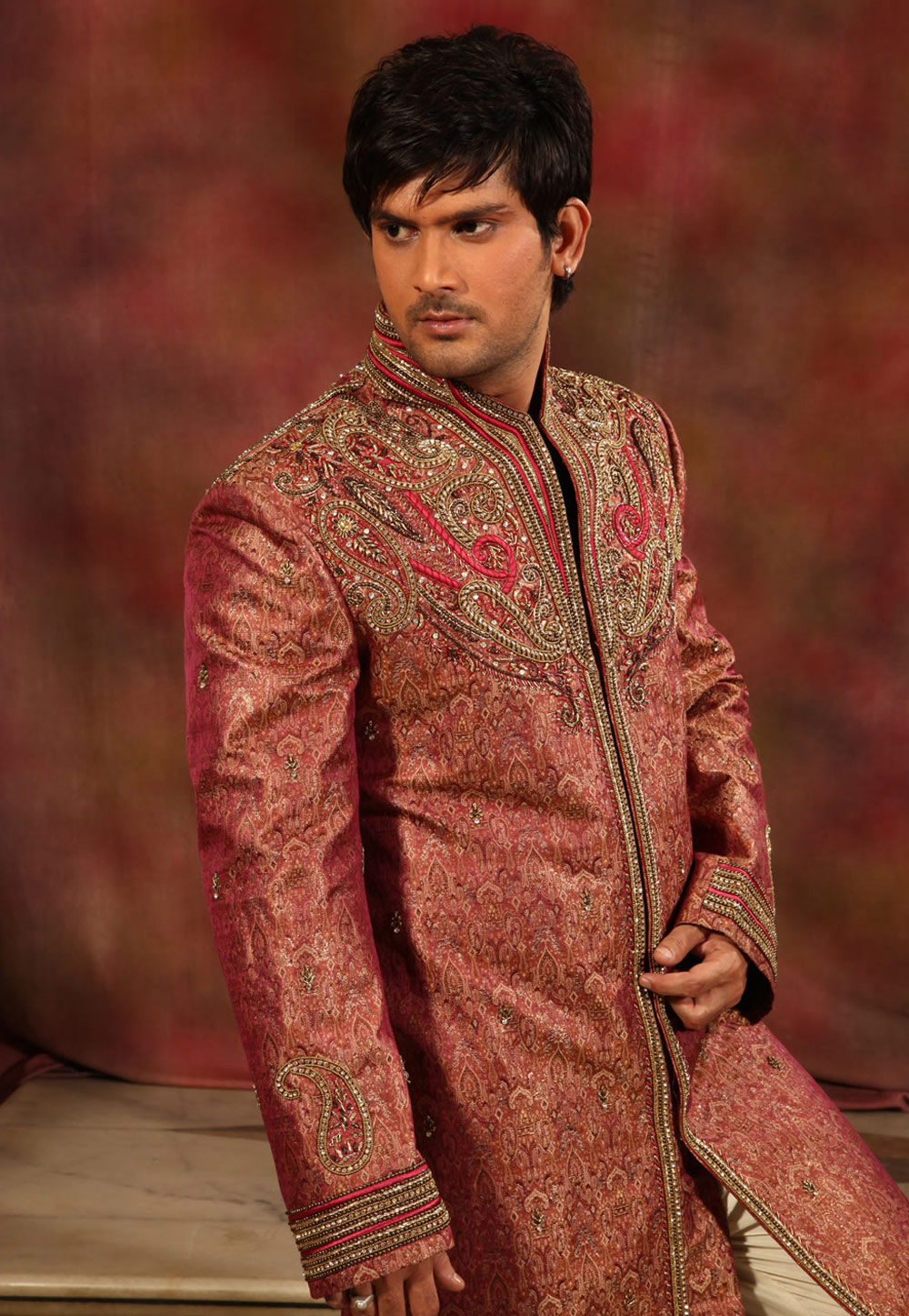 Pink Brocade Readymade Sherwani 204331