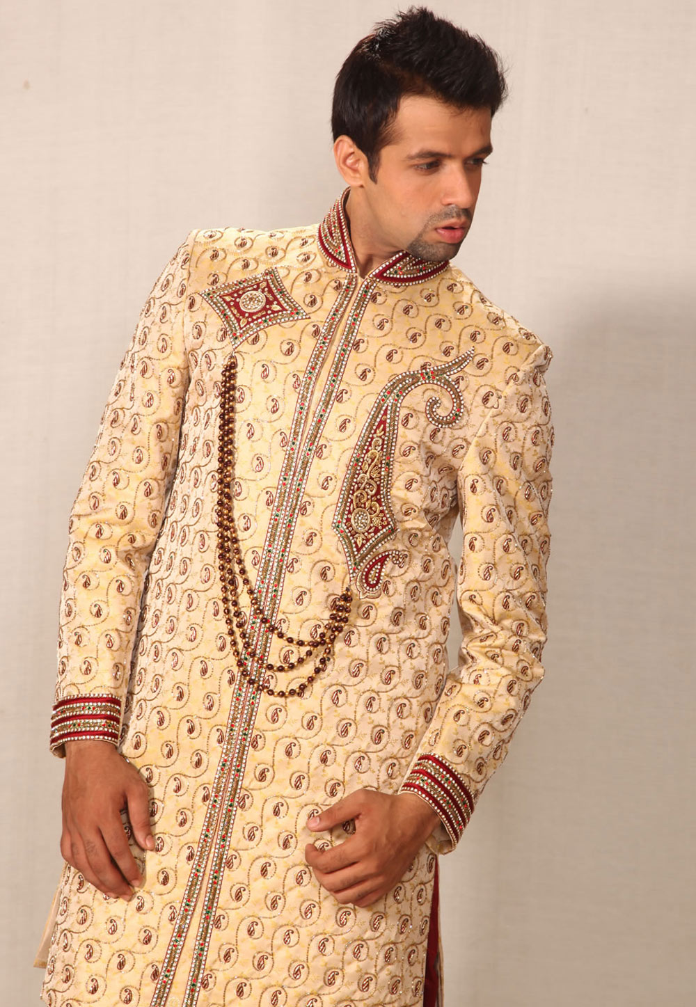 Golden Brocade Readymade Sherwani 204332
