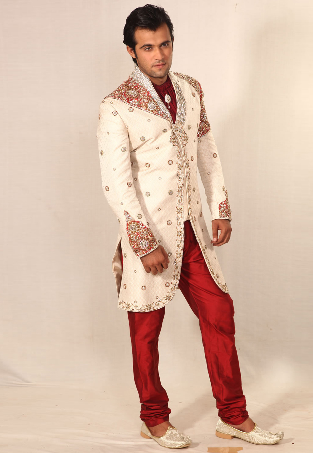 Cream Brocade Readymade Sherwani 204333