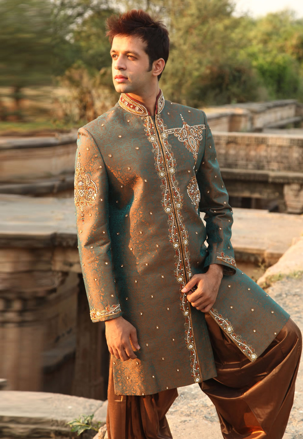 Green Brocade Readymade Dhoti Sherwani 204334