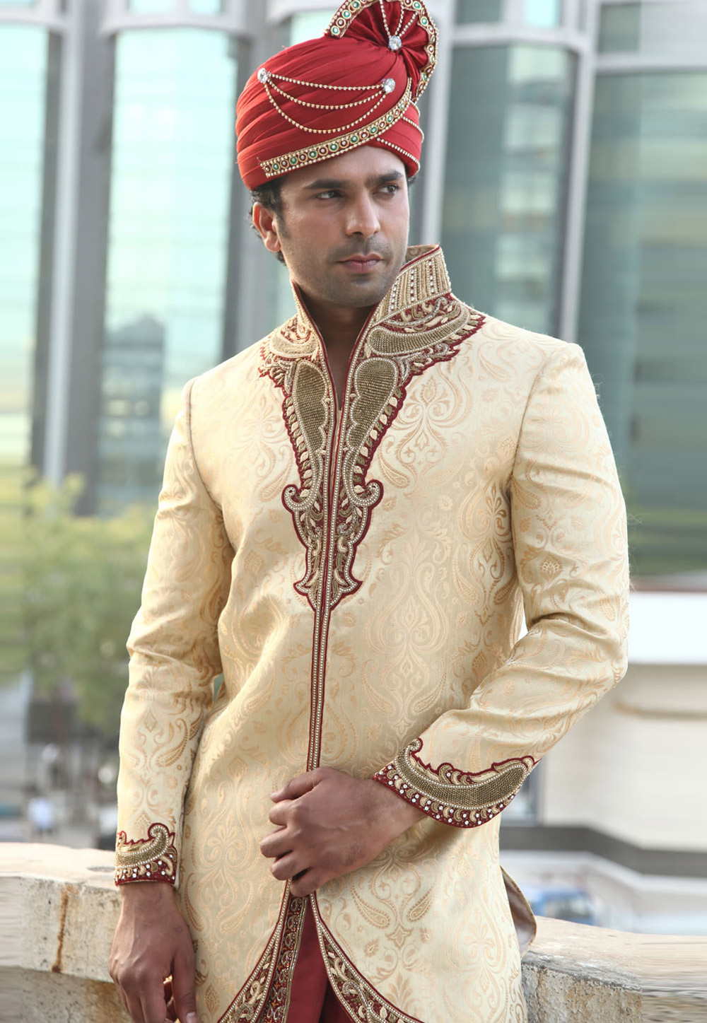 Golden Brocade Readymade Dhoti Sherwani 204335