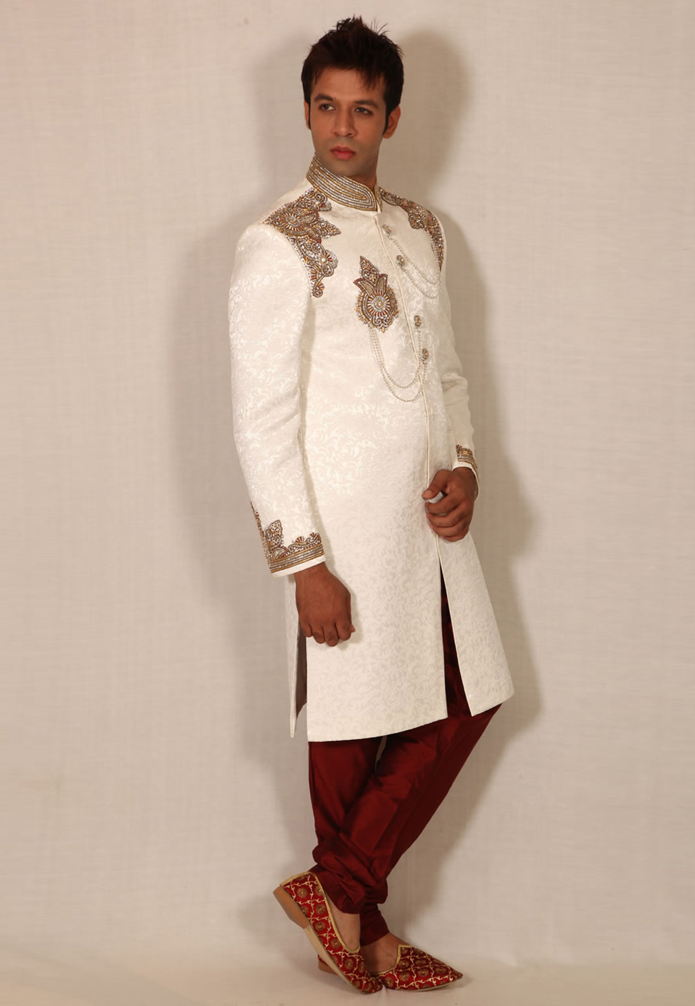 White Silk Readymade Sherwani 204336