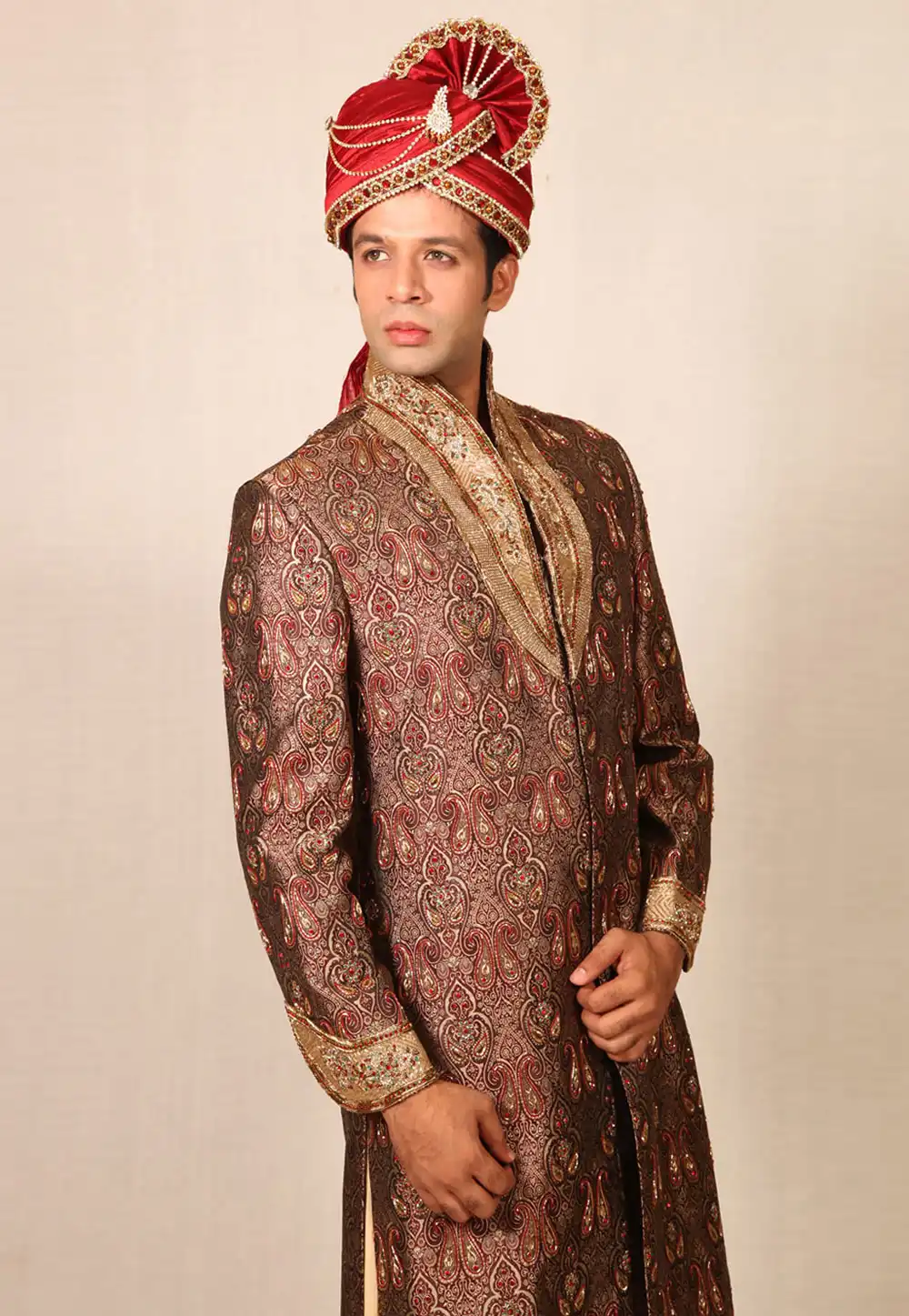 Brown Brocade Readymade Sherwani 204337