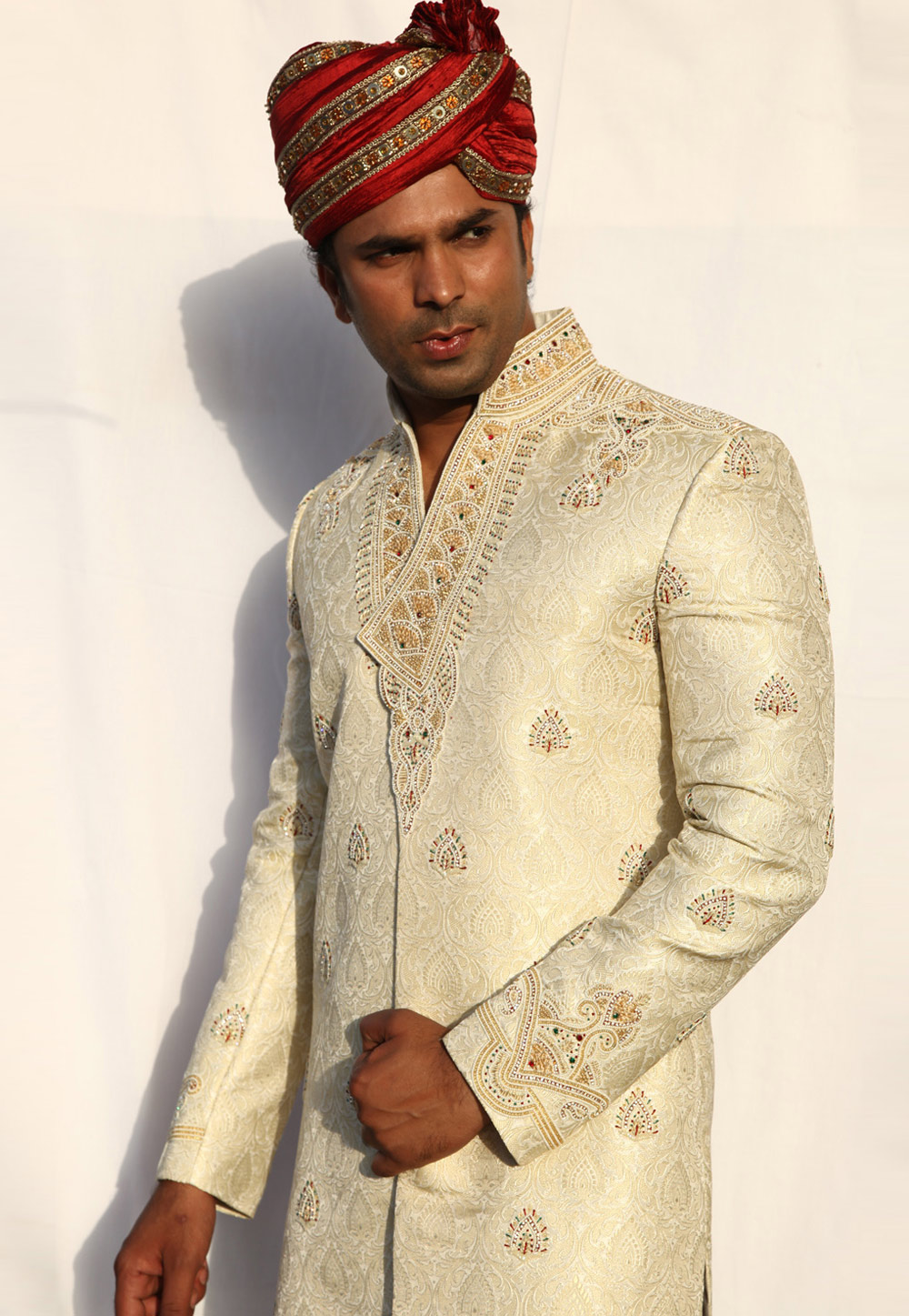 Cream Brocade Readymade Sherwani 204344