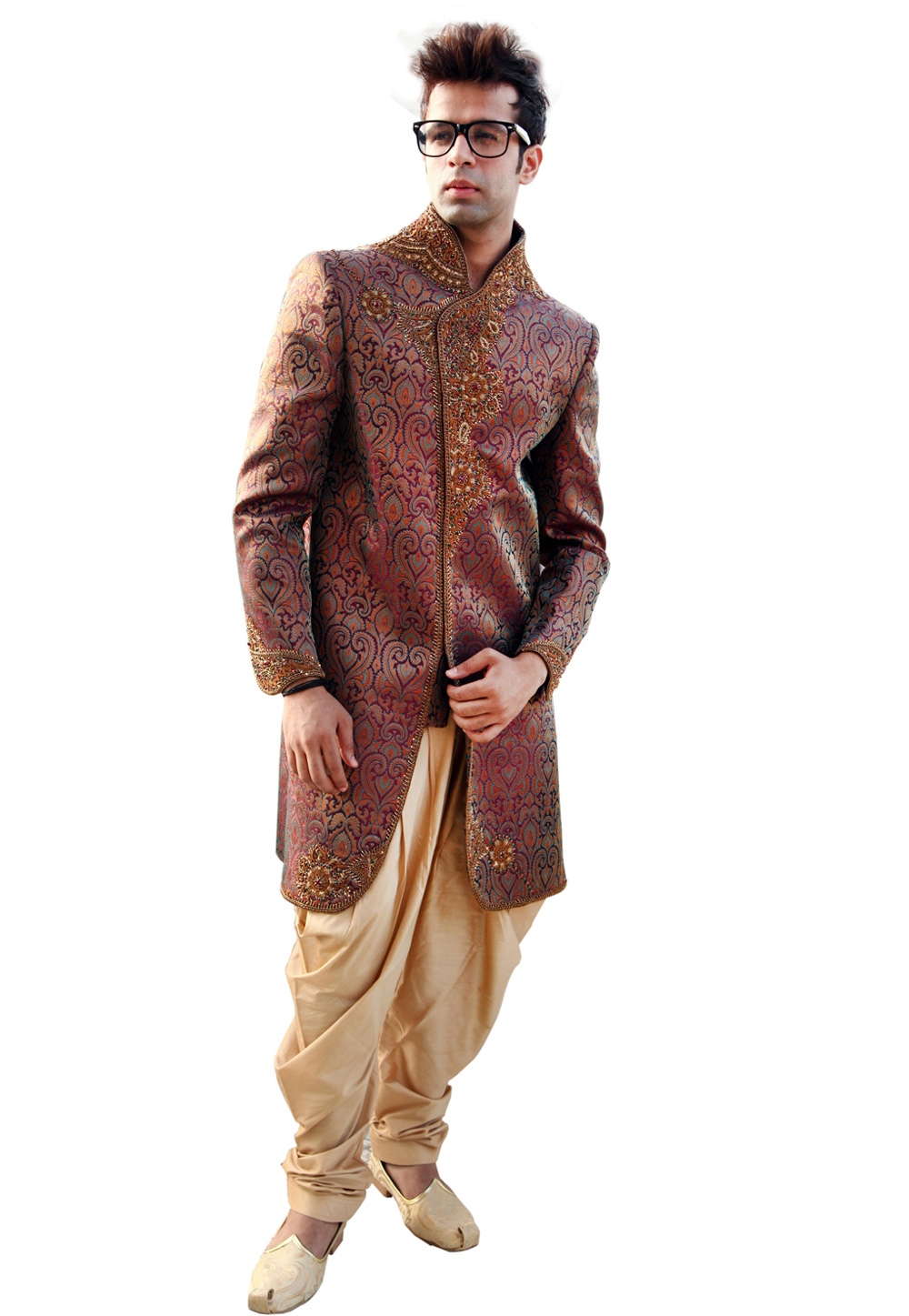 Maroon Brocade Readymade Dhoti Sherwani 204345