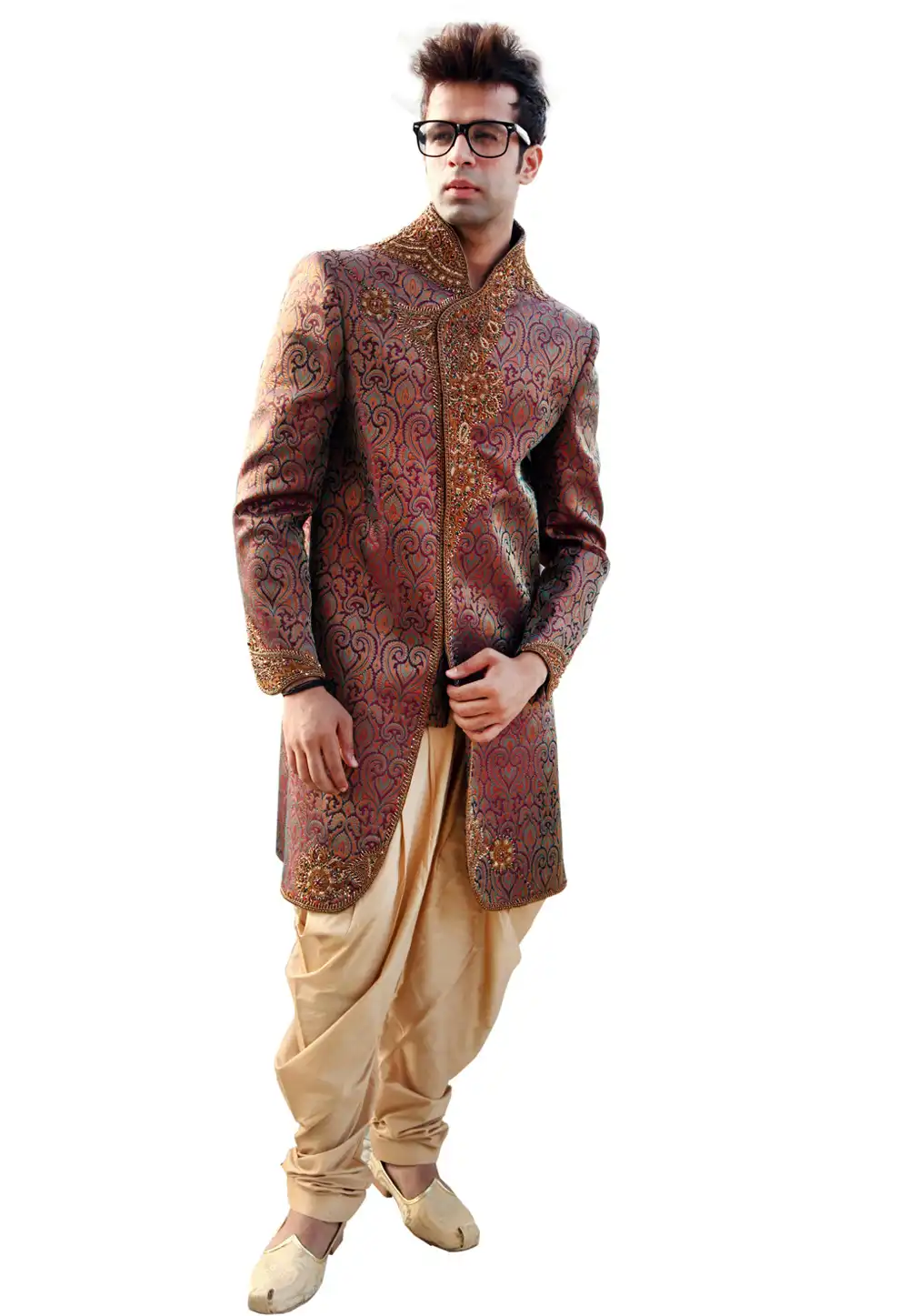 Maroon Brocade Readymade Dhoti Sherwani 204345