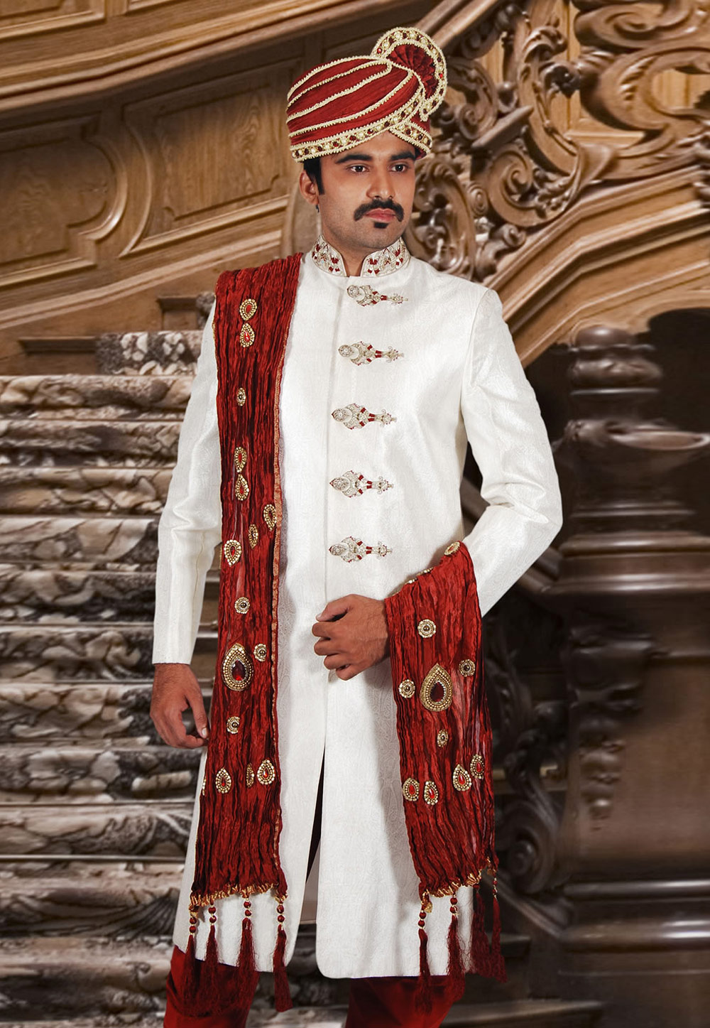 Off White Brocade Readymade Sherwani 204348
