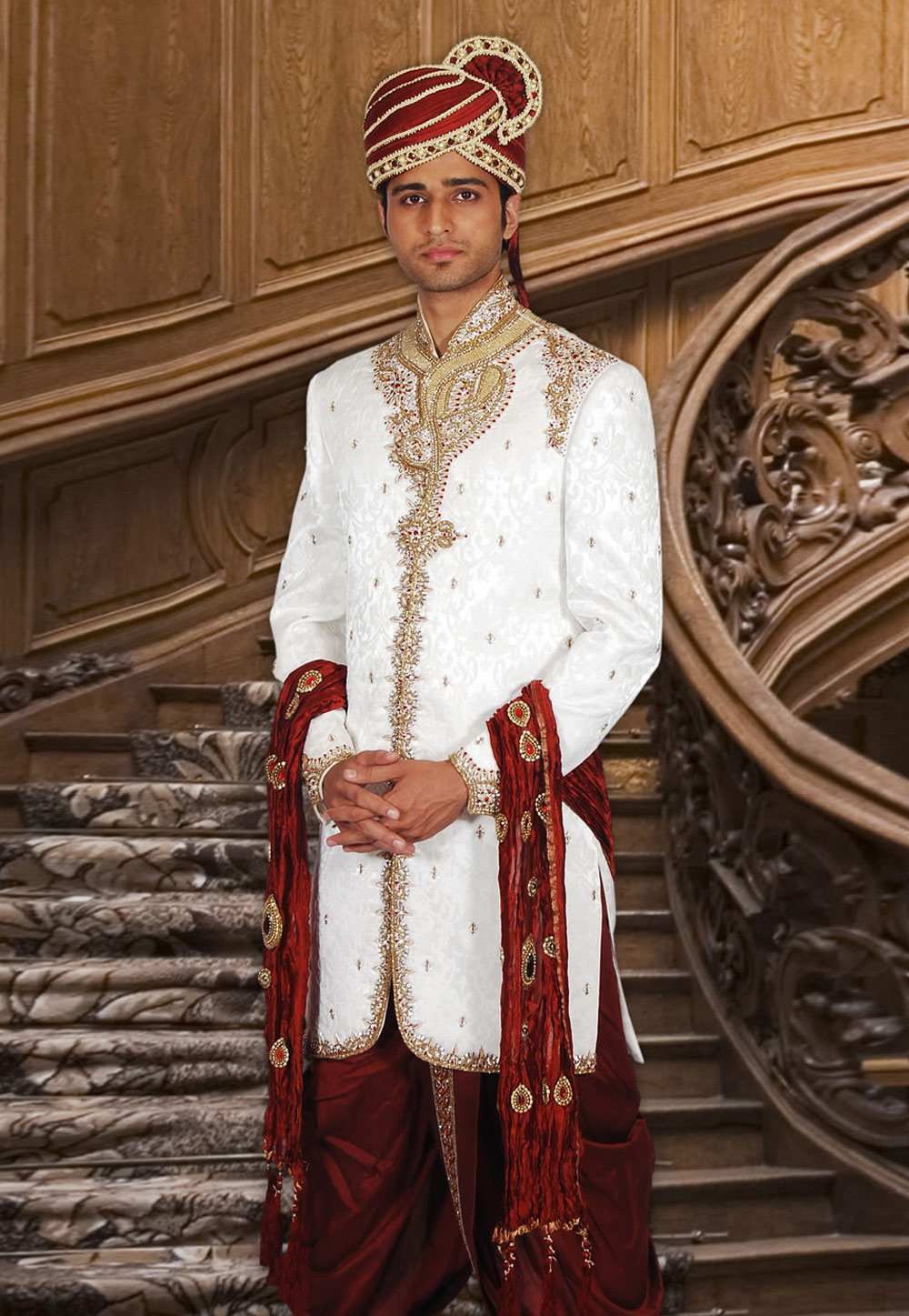 White Brocade Readymade Dhoti Sherwani 204349