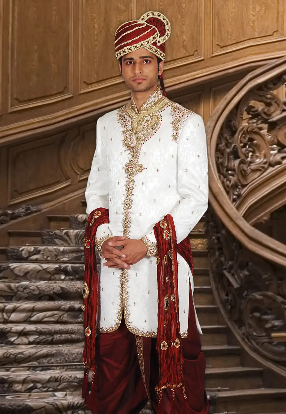 White Brocade Readymade Dhoti Sherwani 204349