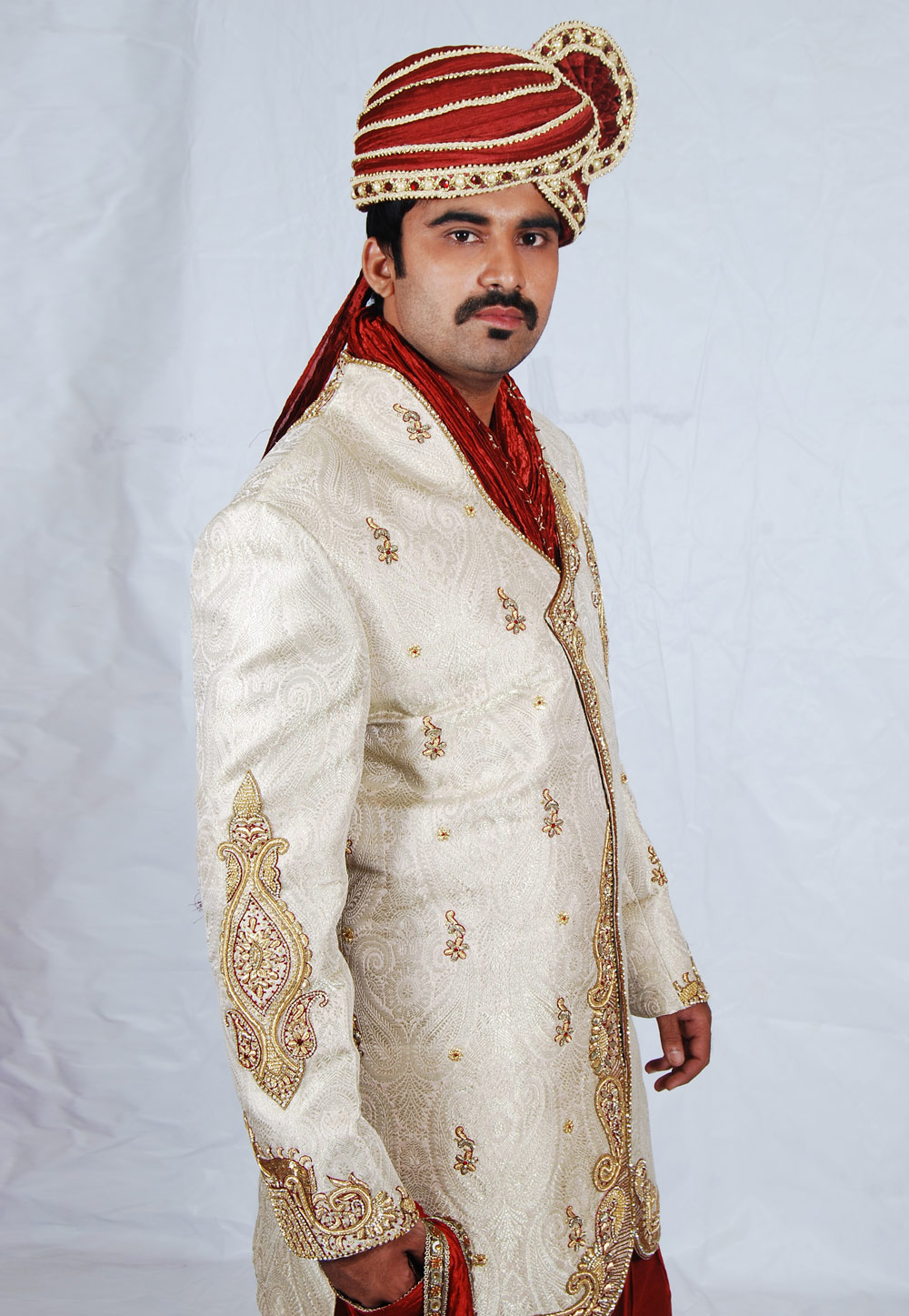 Off White Brocade Readymade Dhoti Sherwani 204350