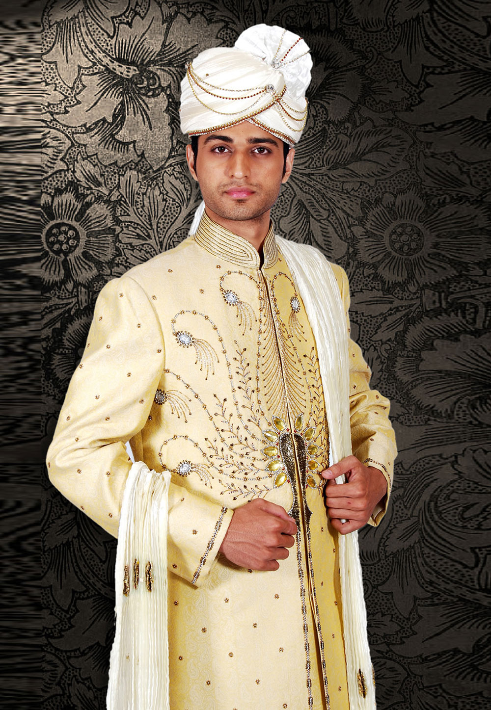 Cream Brocade Readymade Sherwani 204351