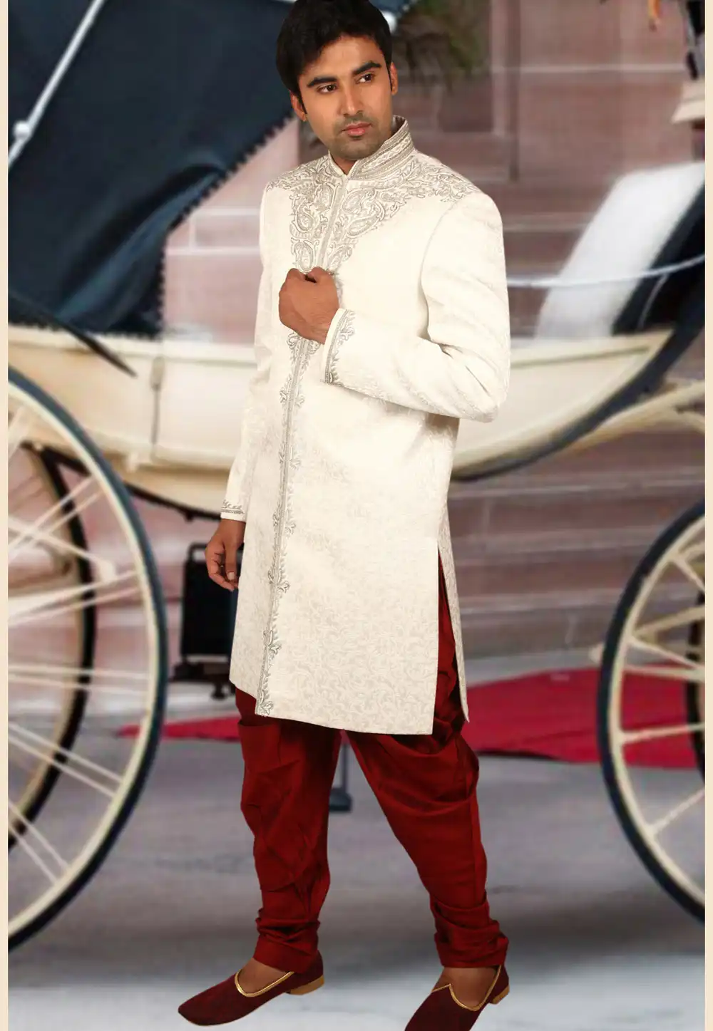 White Brocade Readymade Sherwani 204352