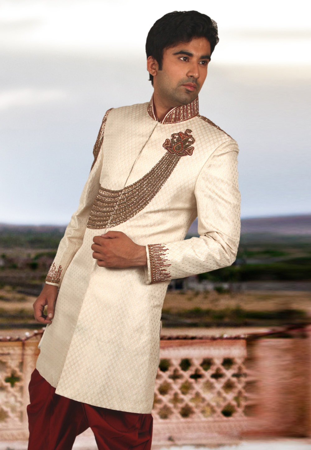 Cream Brocade Readymade Sherwani 204353