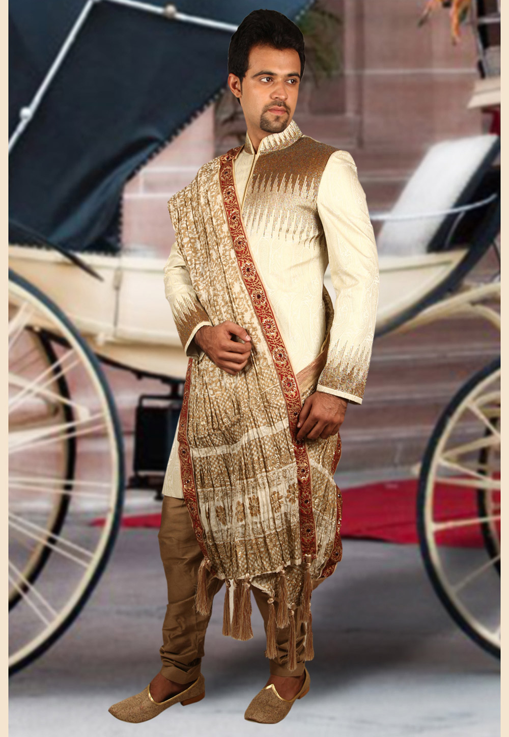 Cream Brocade Readymade Indo Western Sherwani 204354
