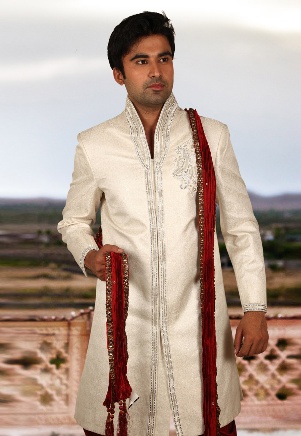 Off White Brocade Readymade Sherwani 204355