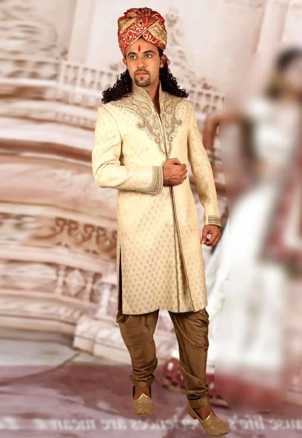 Golden Brocade Readymade Indo Western Sherwani 204356