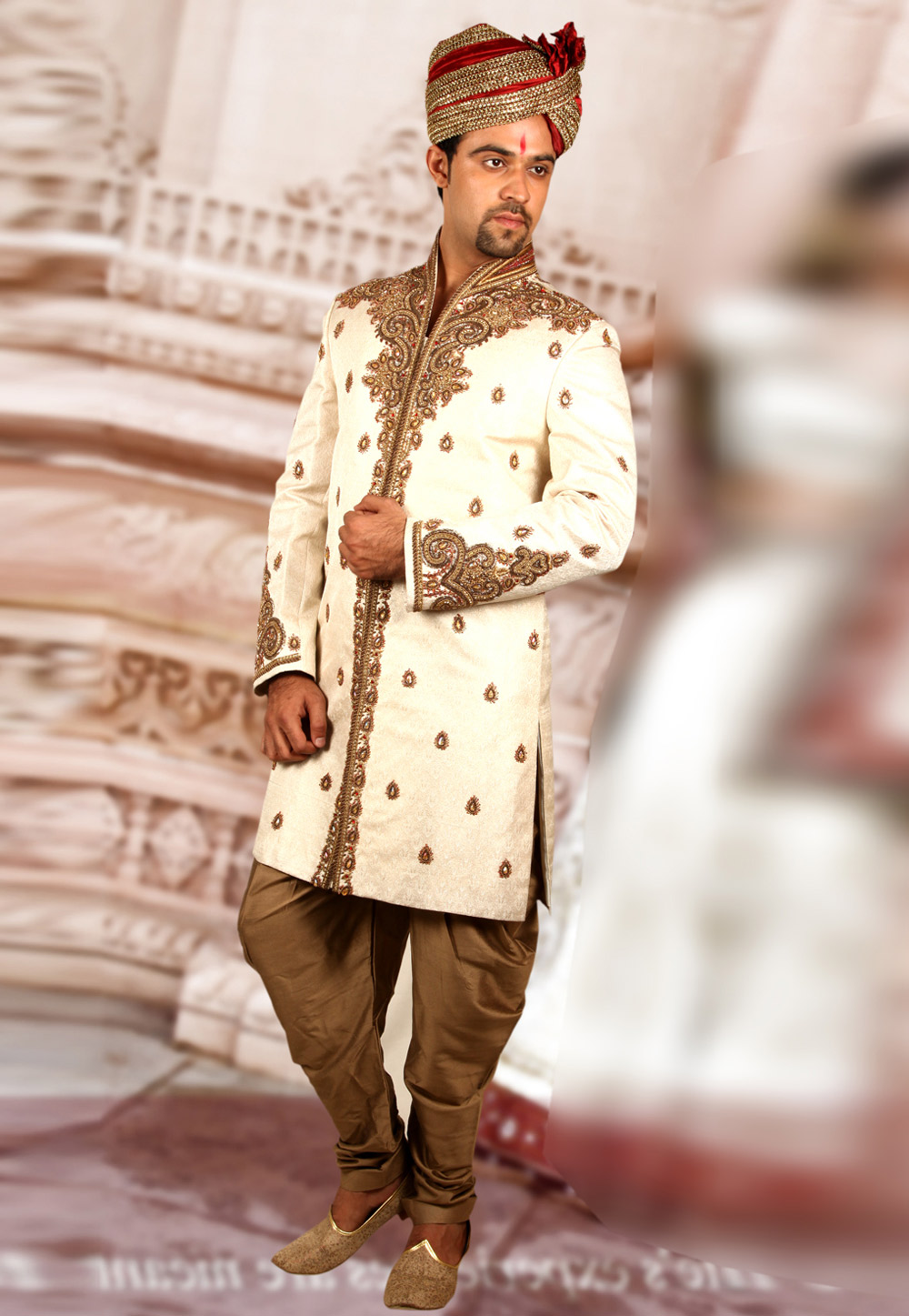 Cream Brocade Readymade Dhoti Sherwani 204357