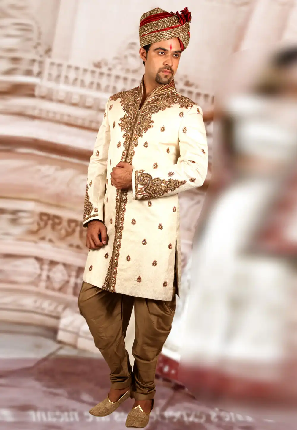 Cream Brocade Readymade Dhoti Sherwani 204357