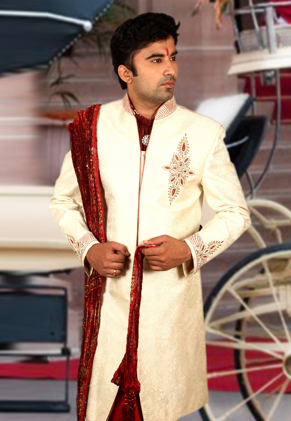 Cream Brocade Readymade Sherwani 204358