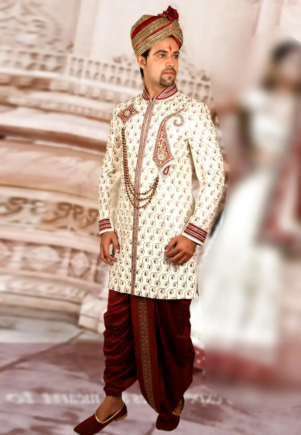 Cream Brocade Readymade Dhoti Sherwani 204359