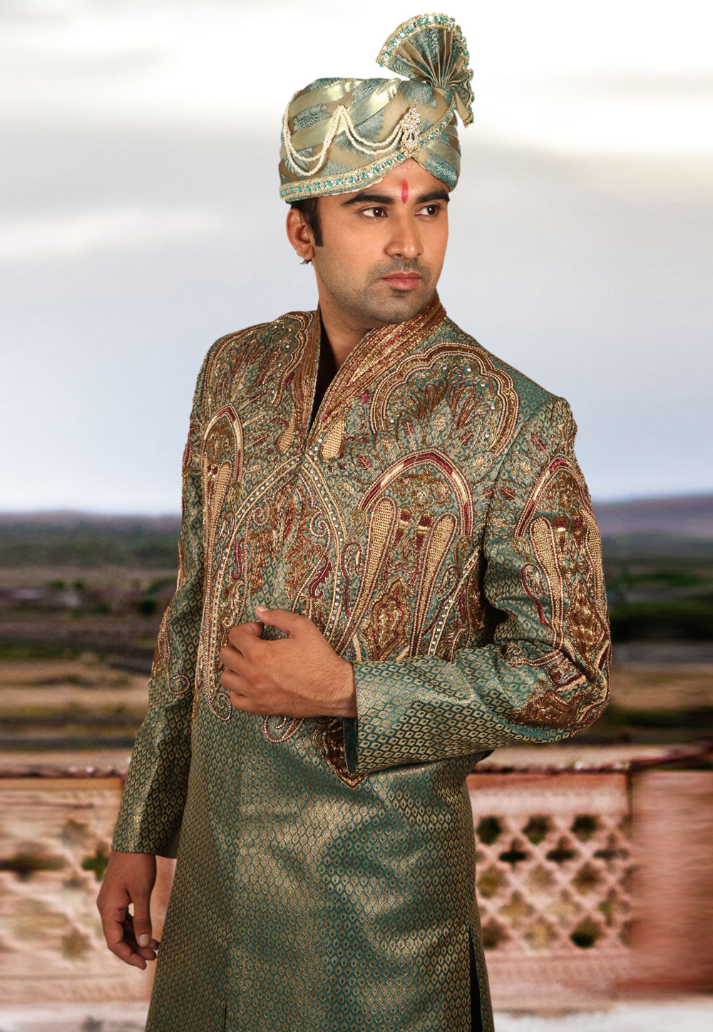 Green Brocade Readymade Sherwani 204360