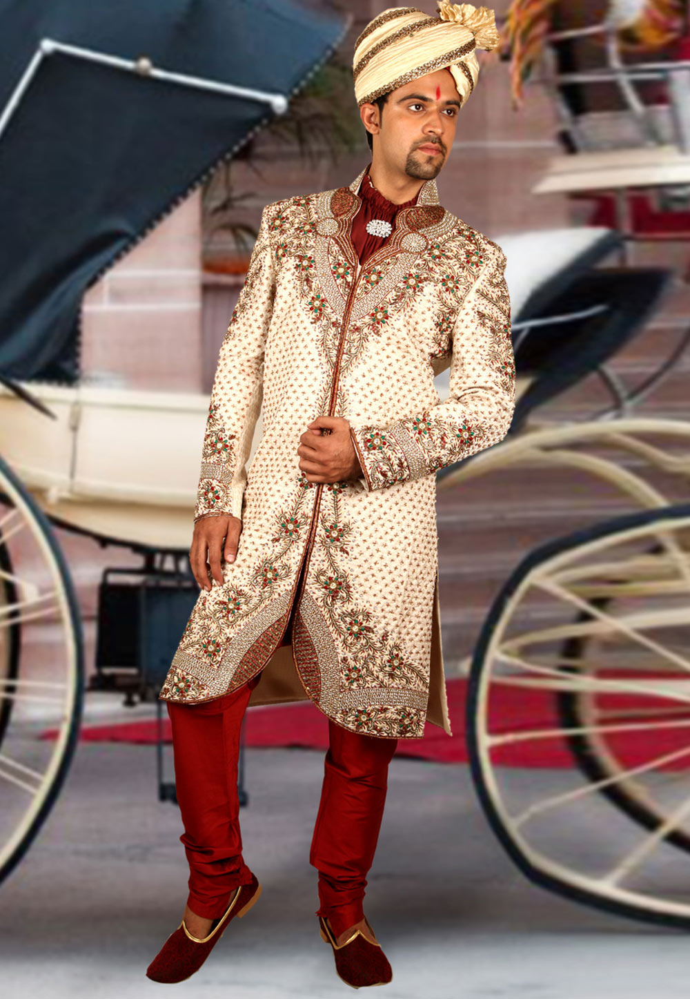 Cream Brocade Readymade Sherwani 204361