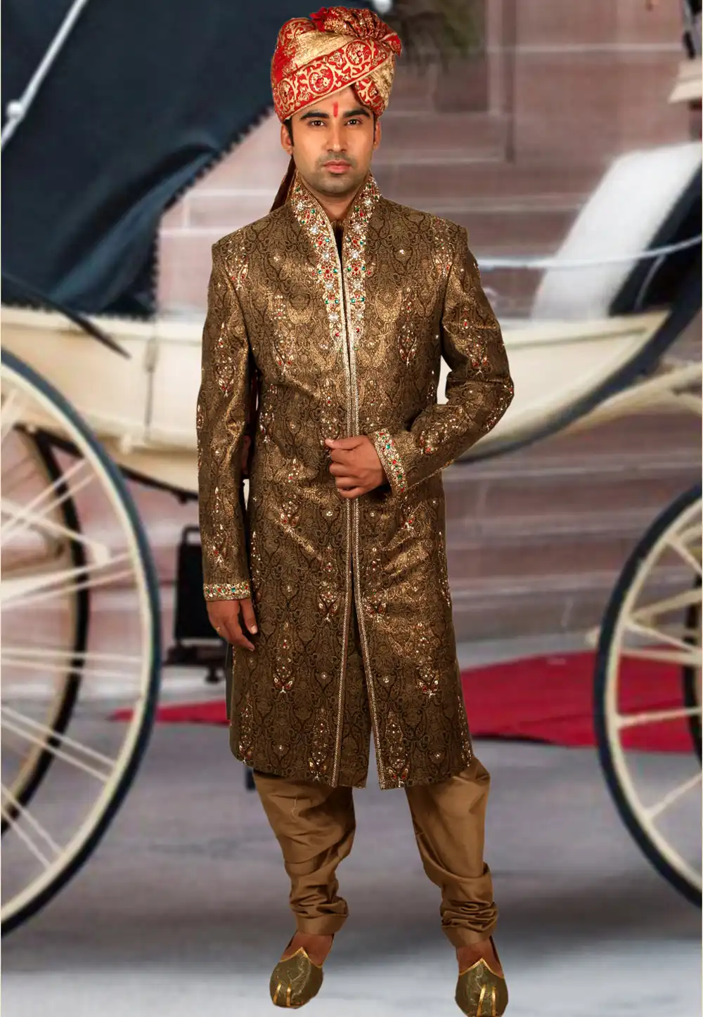 Brown Brocade Readymade Indo Western Sherwani 204362