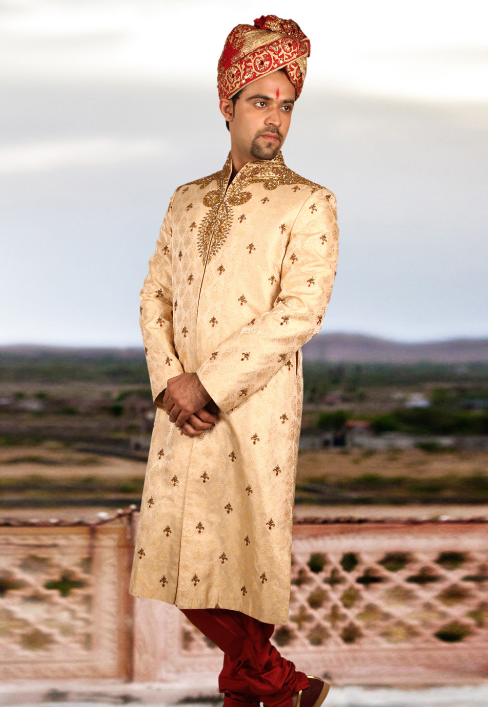Golden Brocade Readymade Sherwani 204363