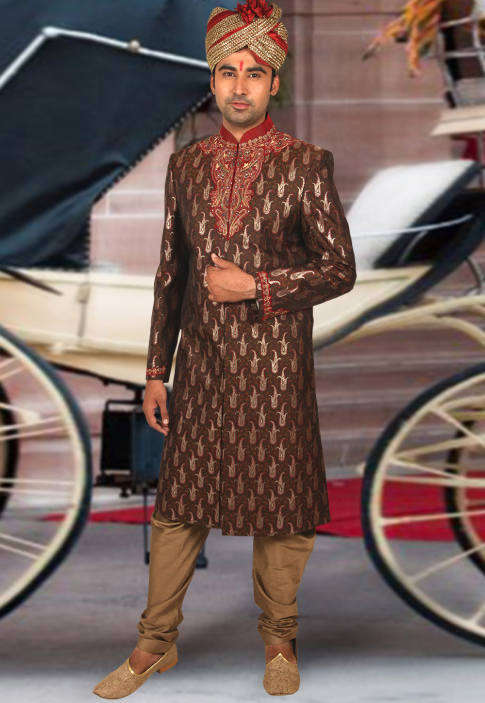 Brown Brocade Readymade Indo Western Sherwani 204364