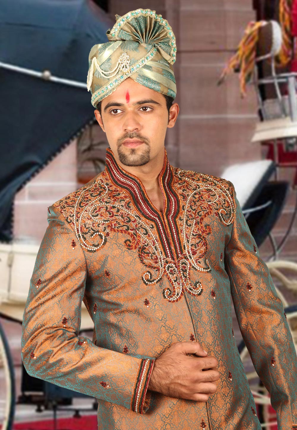 Golden Brocade Readymade Indo Western Sherwani 204365