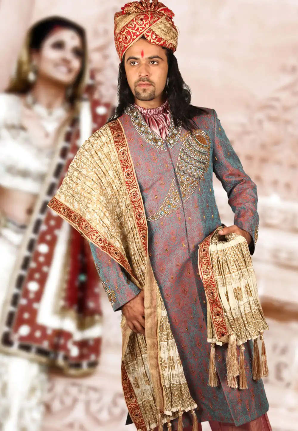 Aqua Brocade Readymade Indo Western Sherwani 204367