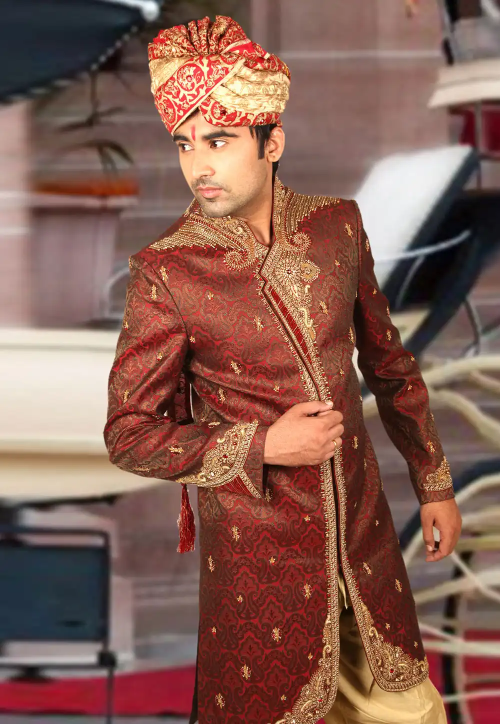 Maroon Brocade Readymade Indo Western Sherwani 204368