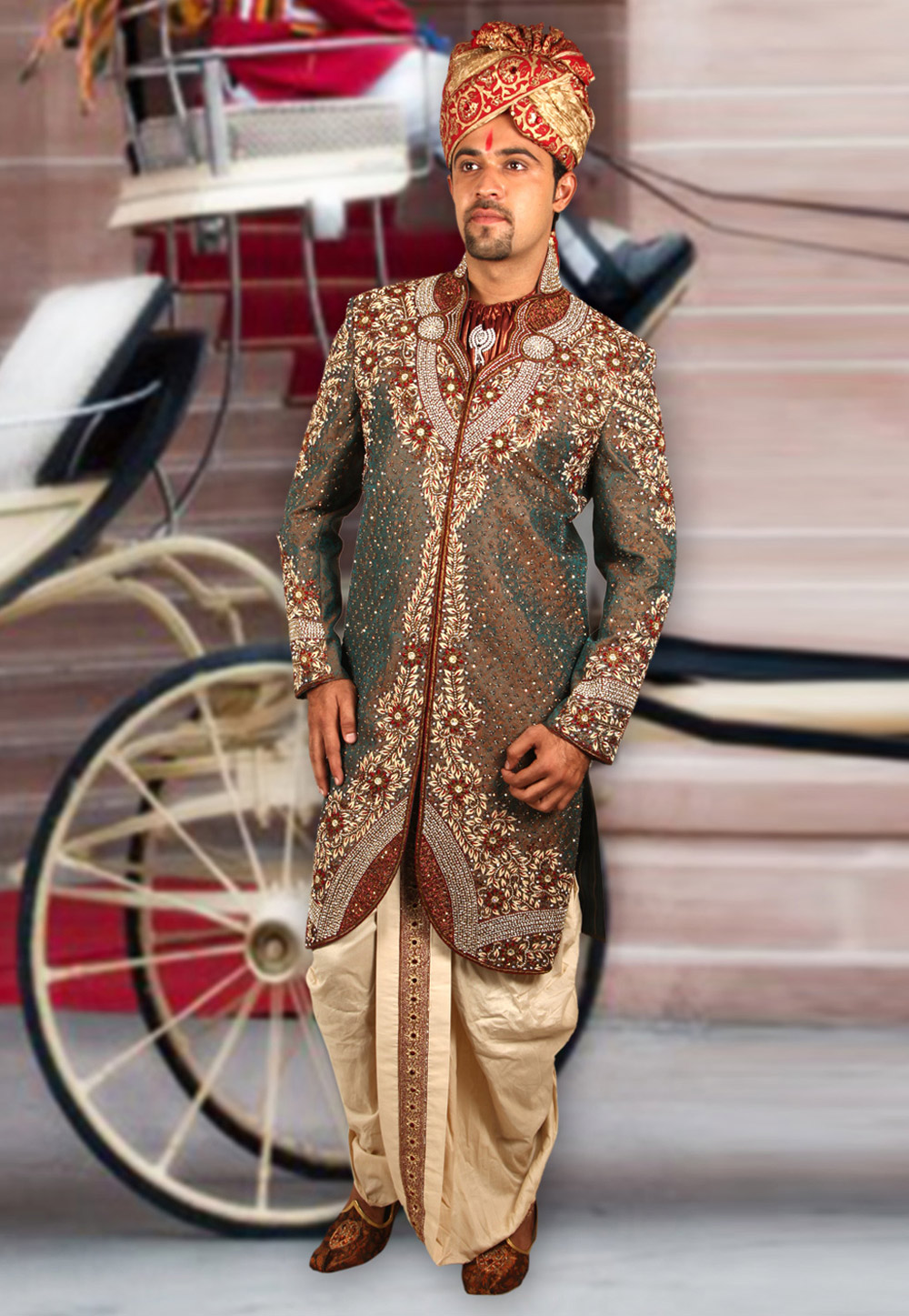 Dark Gray Brocade Readymade Indo Western Sherwani 204369