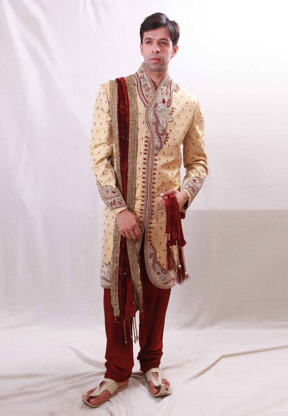Cream Brocade Readymade Sherwani 204370