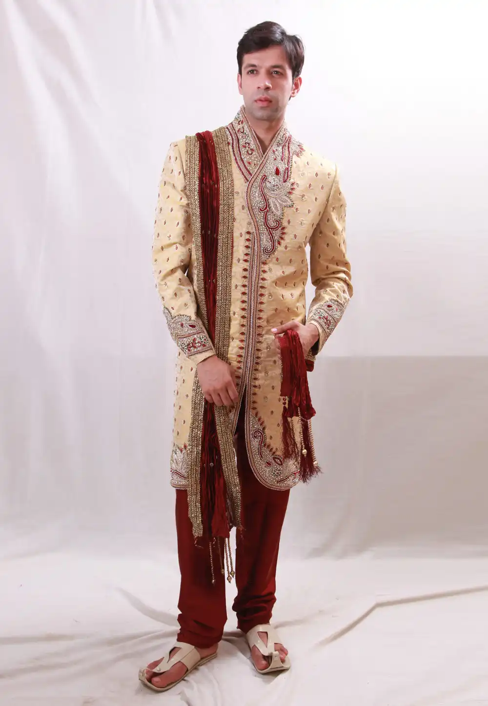 Cream Brocade Readymade Sherwani 204370