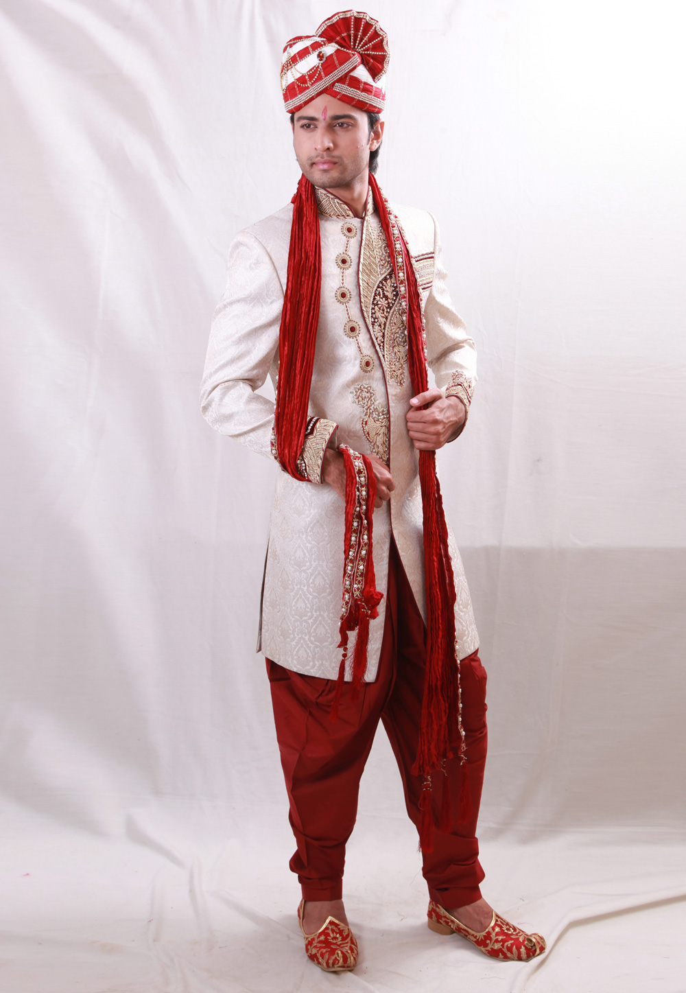 Off White Brocade Readymade Dhoti Sherwani 204371