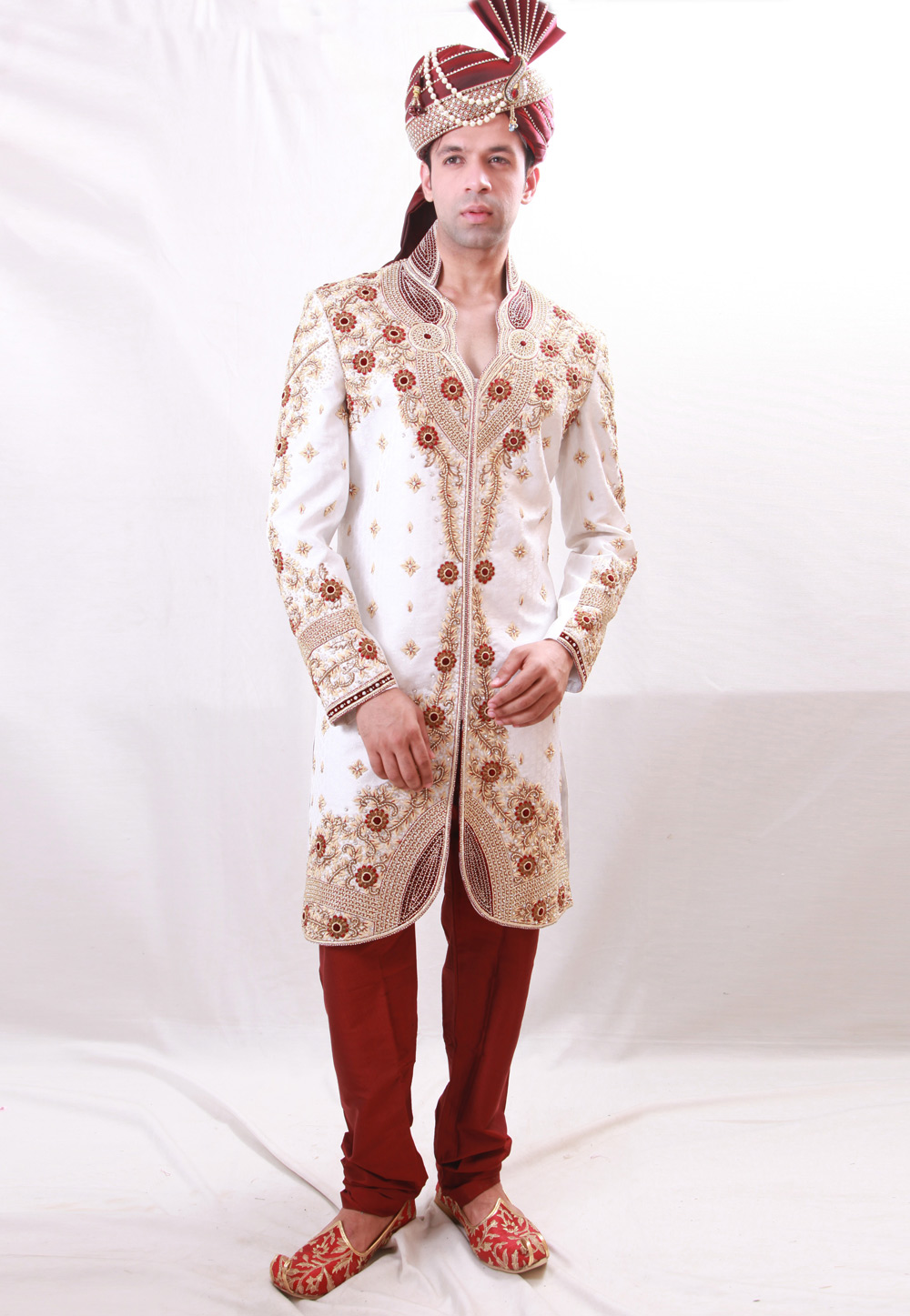 White Brocade Readymade Sherwani 204372