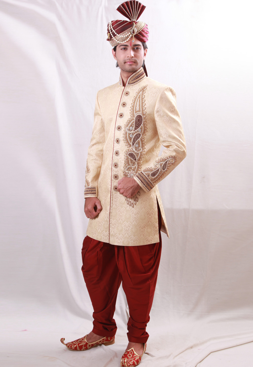Beige Brocade Readymade Dhoti Sherwani 204373