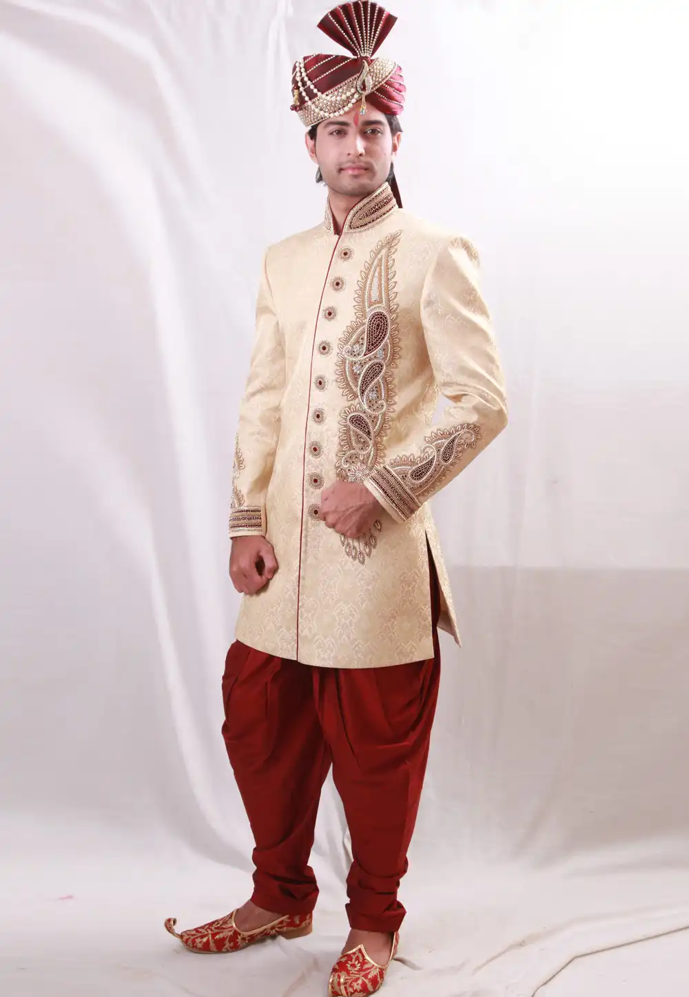 Beige Brocade Readymade Dhoti Sherwani 204373