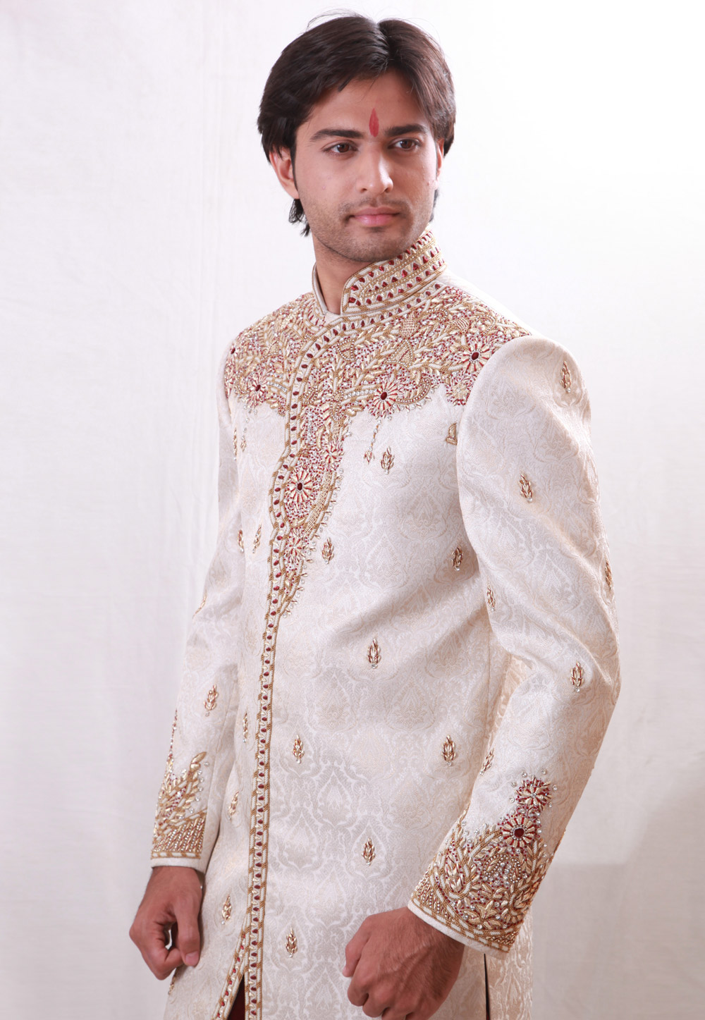 Off White Brocade Readymade Sherwani 204375