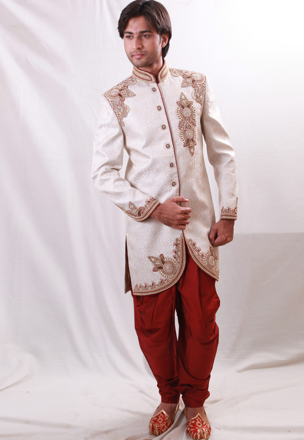 Off White Brocade Readymade Sherwani 204376