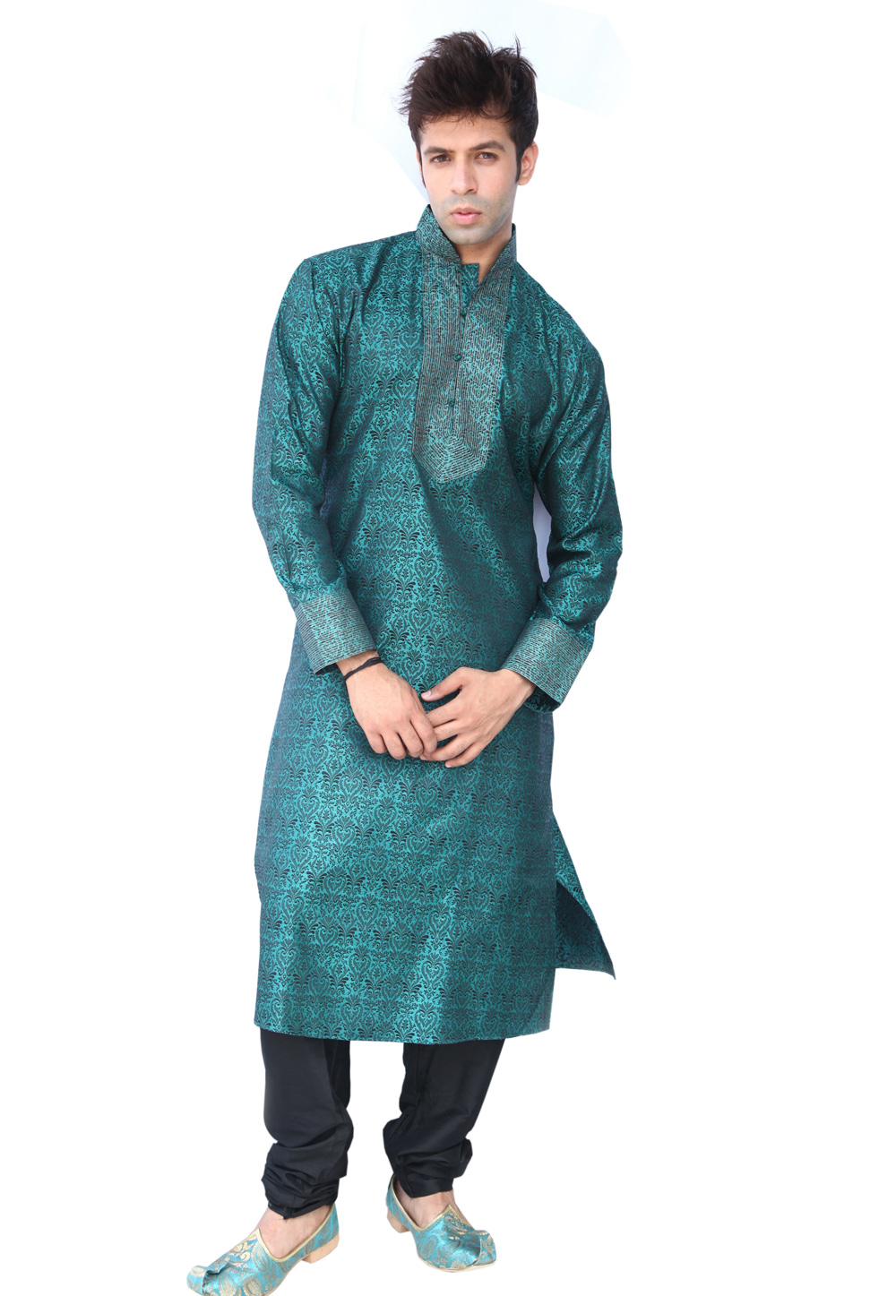 Turquoise Brocade Readymade Kurta Pajama 203629