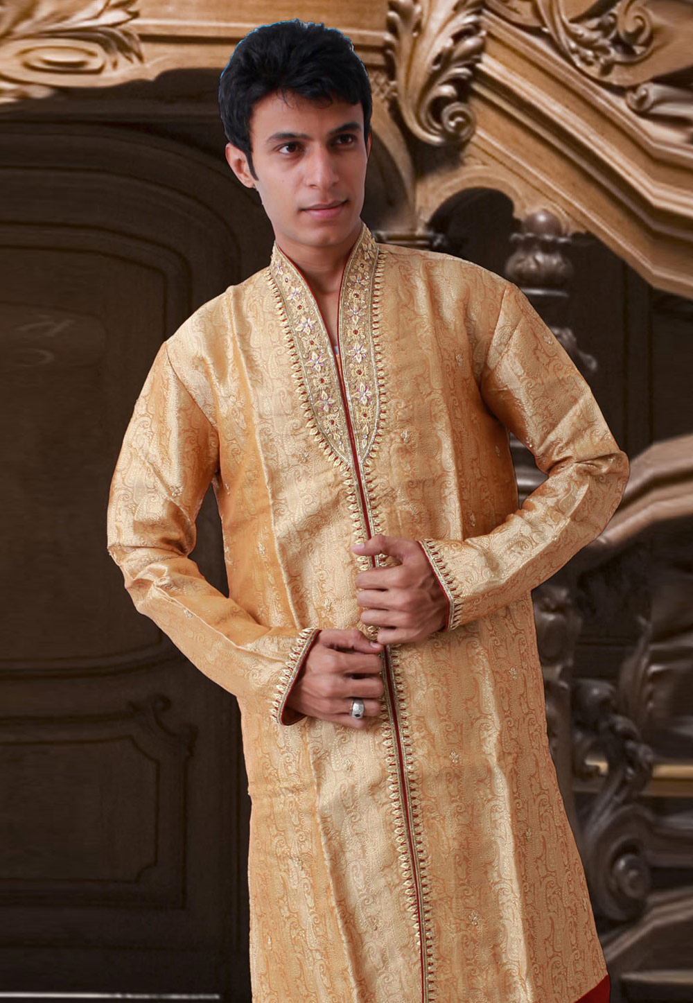 Golden Brocade Readymade Kurta Pajama 203631