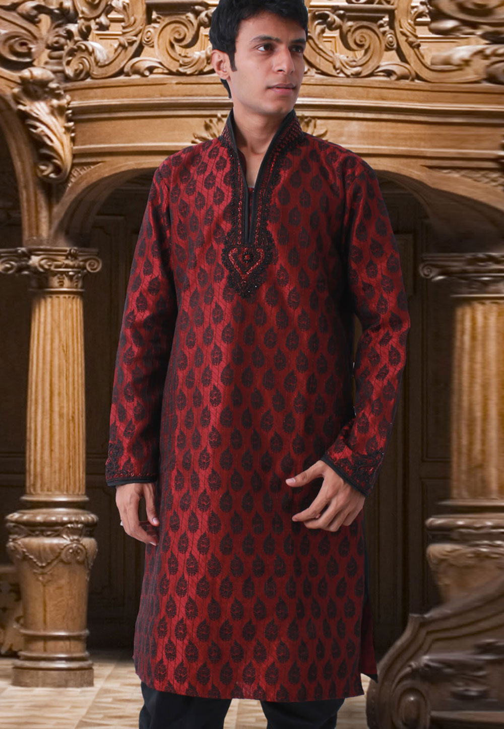 Maroon Brocade Readymade Kurta Pajama 203632