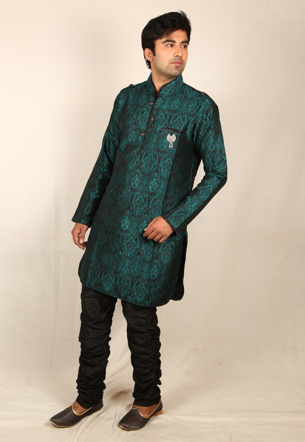 Green Brocade Readymade Kurta Pajama 203636